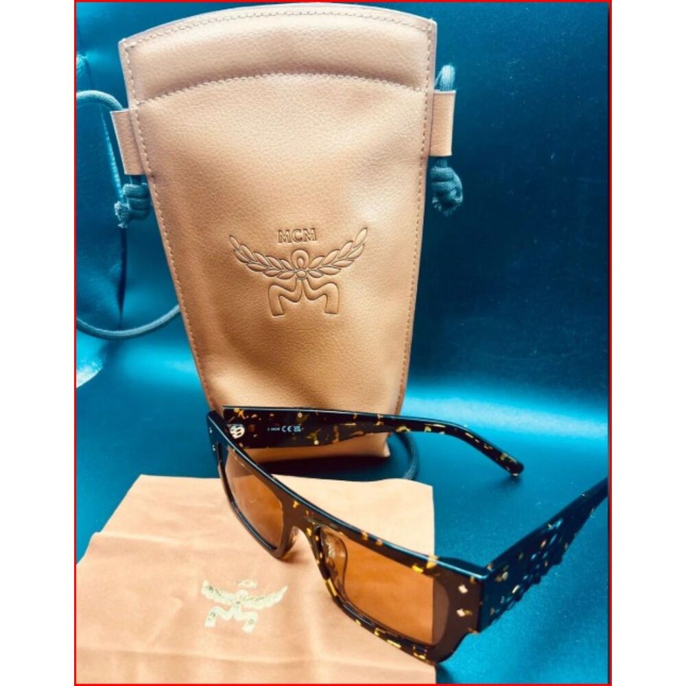 Nwt MCM Rectangular Sunglasses Tortoiseshell with Leather Neck Pouch Case Unisex